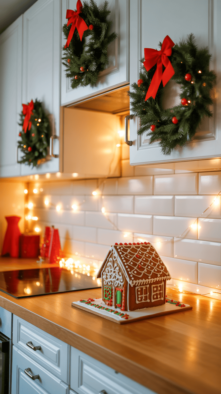 A gingerbread house decorated with icing and candy sits on a wooden countertop in a kitchen adorned with Christmas wreaths and string lights.