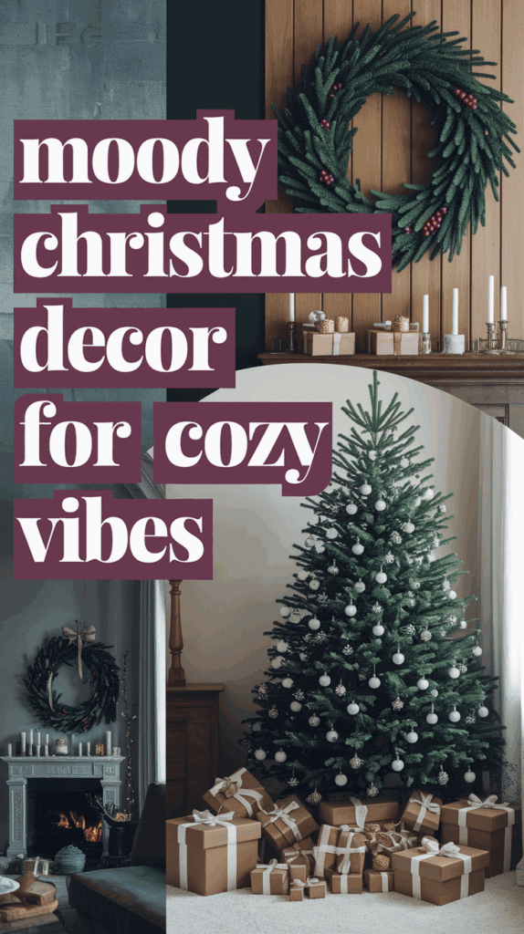 Composite image with text reading "moody christmas decor for cozy vibes," featuring a wreath on a wooden wall, a decorated Christmas tree with presents underneath, and a fireplace with a wreath and candles.