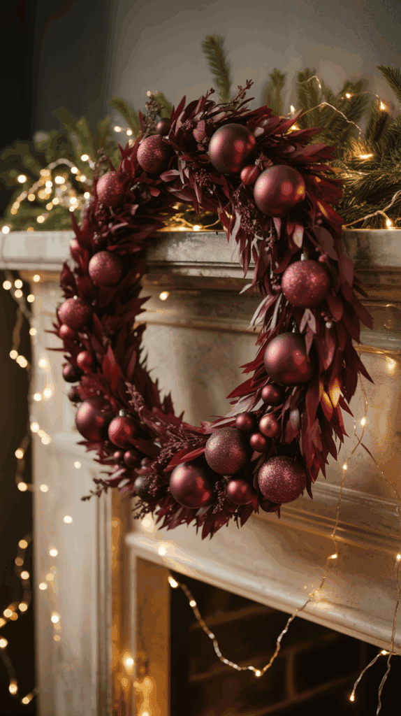 A festive wreath adorned with deep red baubles and foliage hangs on a mantelpiece, surrounded by soft, glowing string lights and evergreen branches.