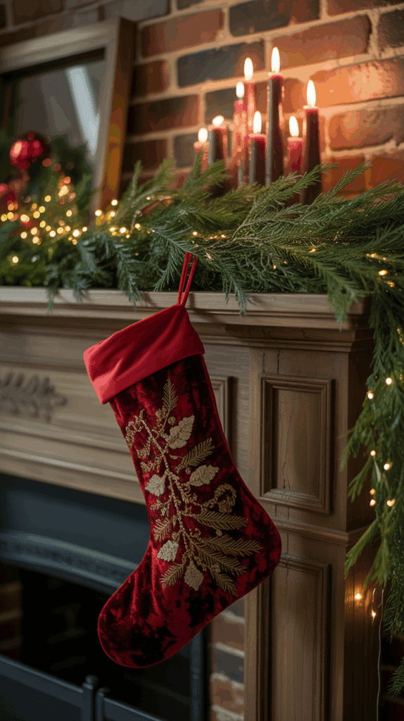 A red velvet Christmas stocking with gold embroidery hangs from a wooden mantel decorated with evergreen garlands and lit candles, creating a festive holiday atmosphere.