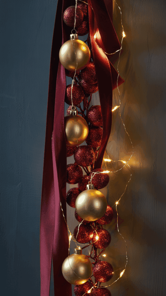 A decorative arrangement with gold and red Christmas baubles, intertwined with burgundy velvet ribbon and warm string lights, set against a dark background.