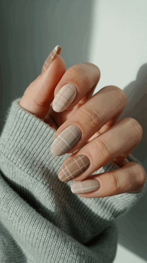 A hand with nails painted in a neutral, plaid pattern, wearing a light gray knit sweater.