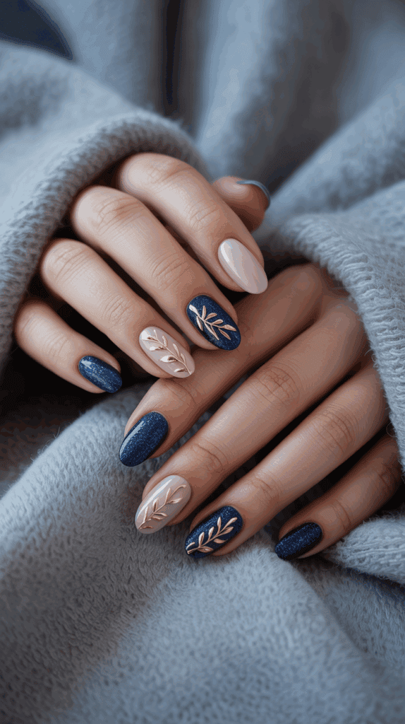 Close-up of hands with manicured nails, featuring a mix of matte nude and shimmery dark blue polish, adorned with gold leaf patterns, resting on a soft gray fabric.