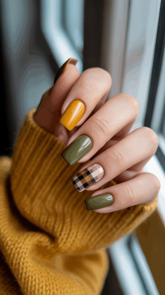 A hand with neatly manicured nails featuring a mix of colors and patterns, including mustard yellow, olive green, and a plaid design, against a background of a mustard-colored knit sweater and window view.