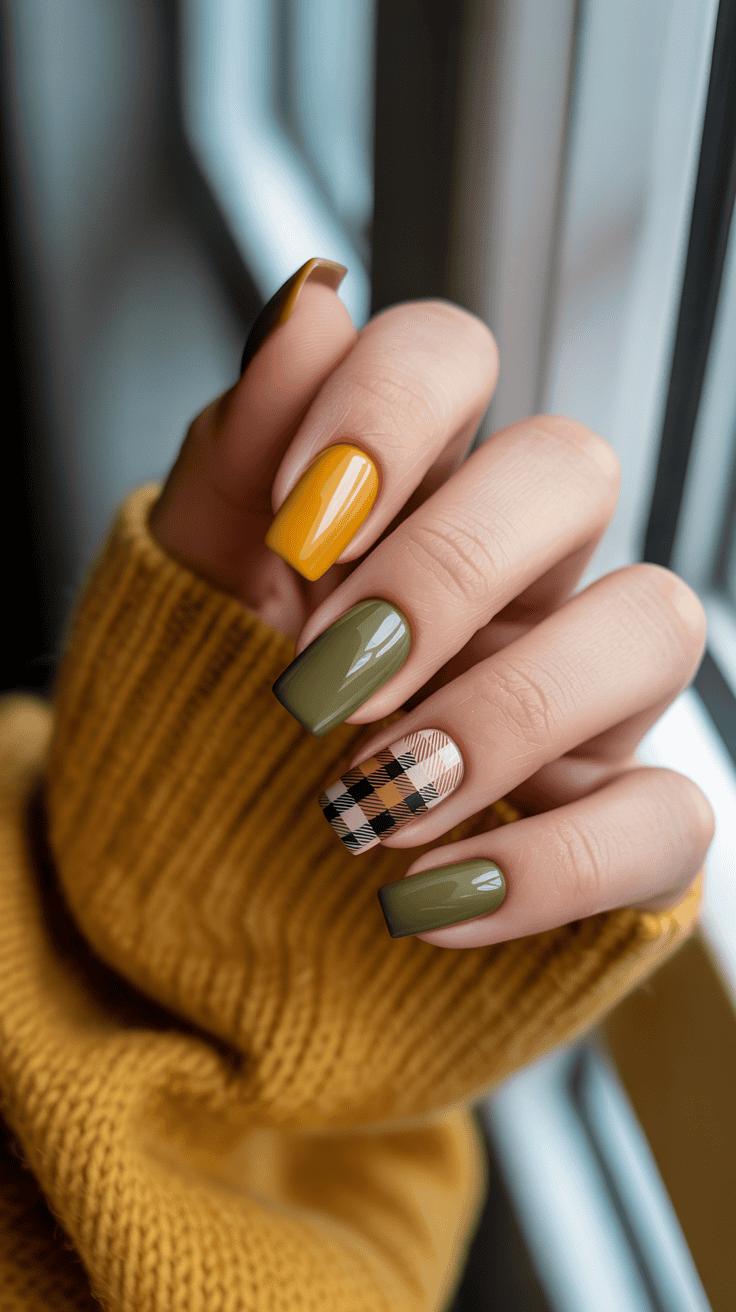 A hand with neatly manicured nails featuring a mix of colors and patterns, including mustard yellow, olive green, and a plaid design, against a background of a mustard-colored knit sweater and window view.