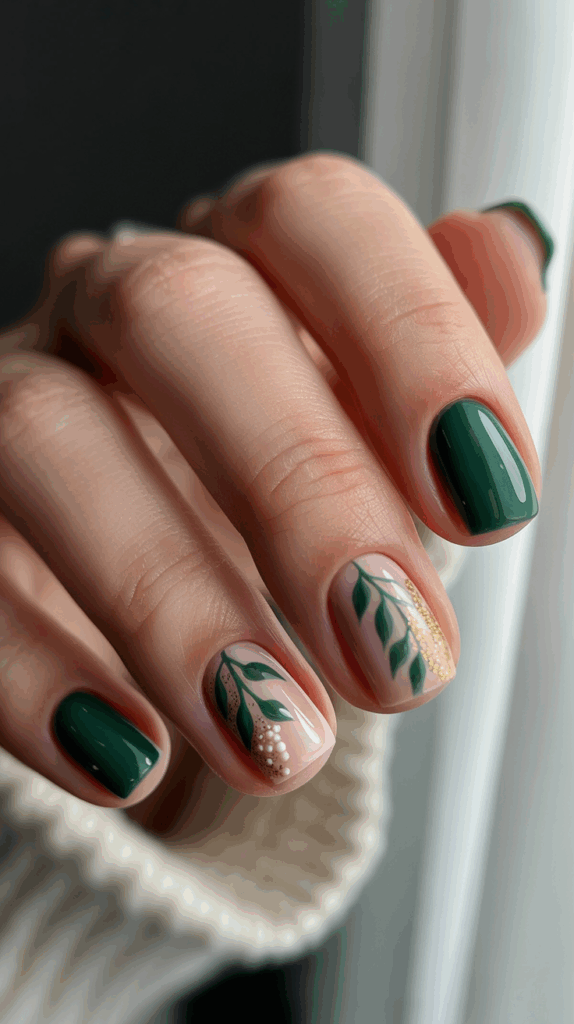 Close-up of a hand with manicured nails, featuring a mix of dark green polish and detailed botanical nail art with green leaves and small white dots on a nude background.