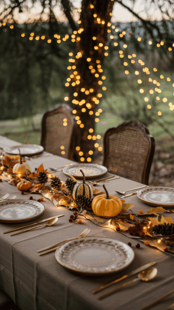 An outdoor autumn-themed dinner table setting with elegant plates and gold cutlery, decorated with small pumpkins, pine cones, fall leaves, and warm string lights draped over a tree in the background.