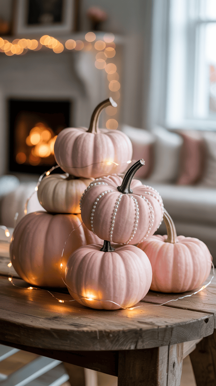 A stack of pastel pink pumpkins adorned with pearl beads and wrapped in fairy lights on a rustic wooden table, with a fireplace and glowing string lights in the background.
