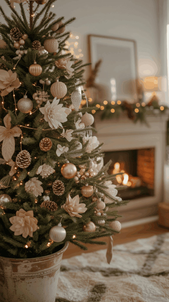 A beautifully decorated Christmas tree with gold and white ornaments, including flowers, baubles, and pine cones, in a cozy living room with a fireplace in the background.