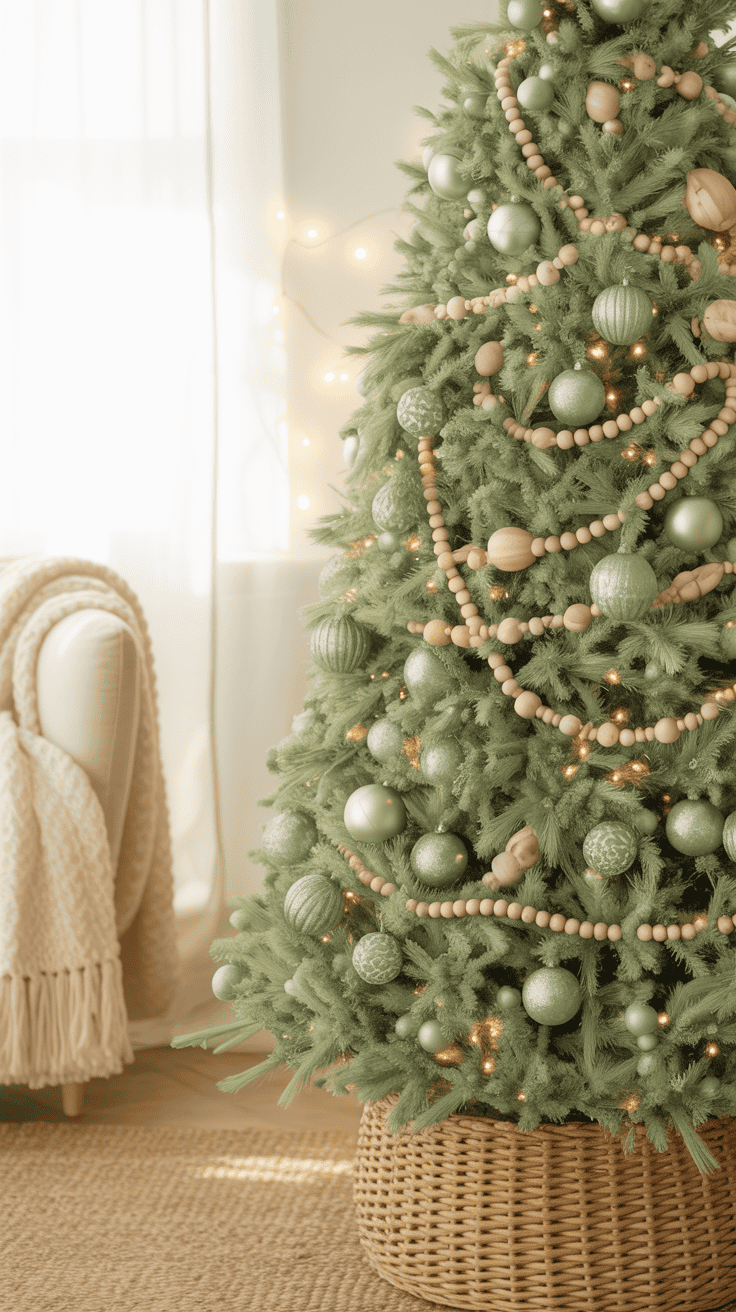 A Christmas tree decorated with pastel green ornaments and wooden bead garlands, illuminated by warm white lights, stands in a wicker basket next to a cozy sofa with a knitted throw.