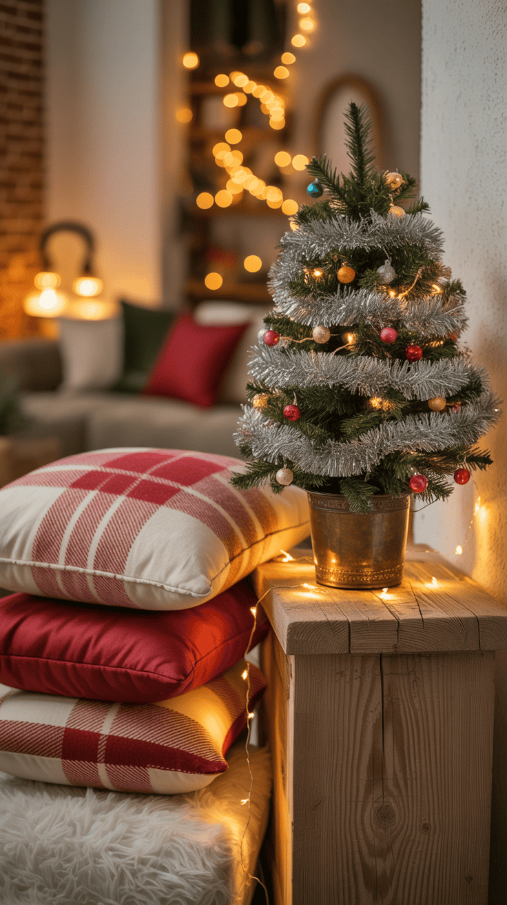 A small Christmas tree decorated with tinsel and colorful baubles sits on a wooden table beside stacked red and white plaid pillows, surrounded by warm, glowing fairy lights in a cozy room setting.