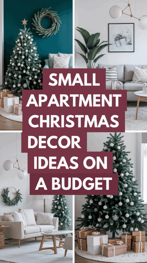 Collage of budget-friendly Christmas decor ideas for small apartments, featuring decorated trees, cozy couches with festive pillows, and wrapped gifts.