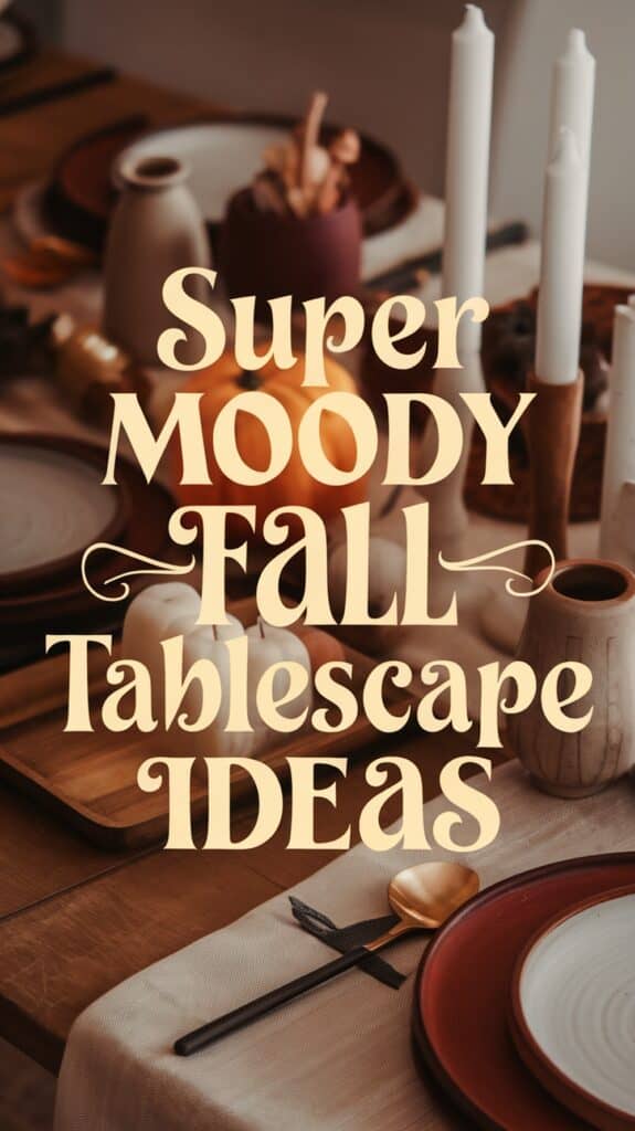 A table setting with a moody fall theme, featuring candles, a pumpkin, and rustic dishware on a wooden table, with text that reads 'Super Moody Fall Tablescape Ideas.'