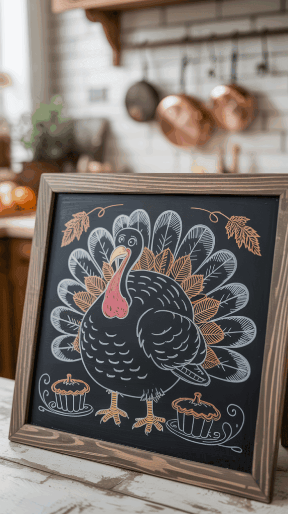 A framed chalkboard drawing of a turkey with colorful feathers, surrounded by autumn leaves and pies, displayed in a kitchen setting.