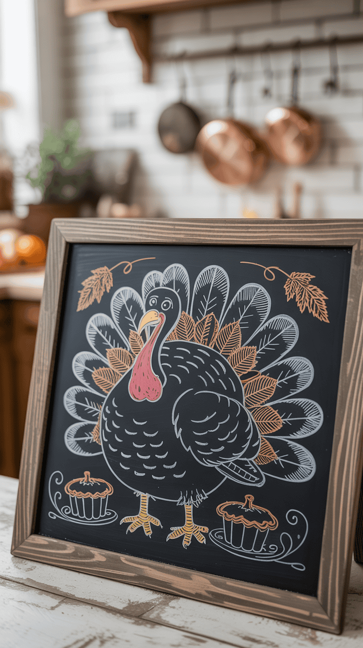 A framed chalkboard drawing of a turkey with colorful feathers, surrounded by autumn leaves and pies, displayed in a kitchen setting.