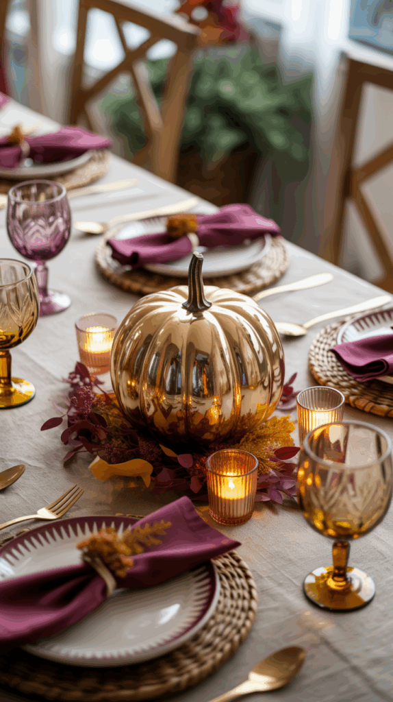 A festive Thanksgiving table setting features a metallic gold pumpkin centerpiece surrounded by small candles and autumn leaves. The table is elegantly arranged with woven placemats, burgundy napkins, and vintage amber glass goblets.