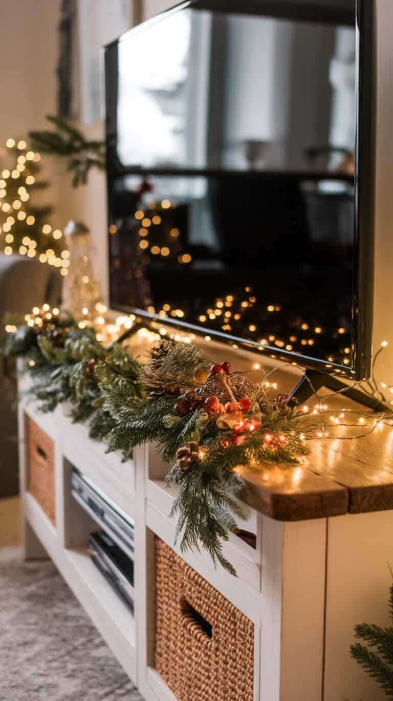 A cozy living room decorated for the holidays with a TV on a wooden stand adorned with a garland of pine branches, berries, and fairy lights, with a blurred Christmas tree in the background.