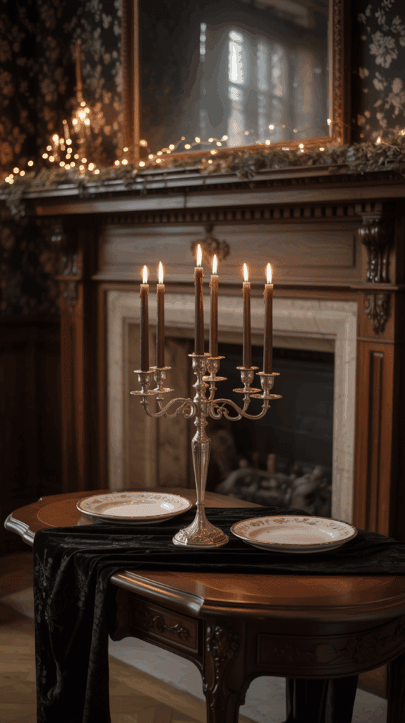 A silver candelabra with six lit dark candles stands on a wooden table draped with a black cloth, in front of a decorated fireplace with a large mirror and fairy lights.