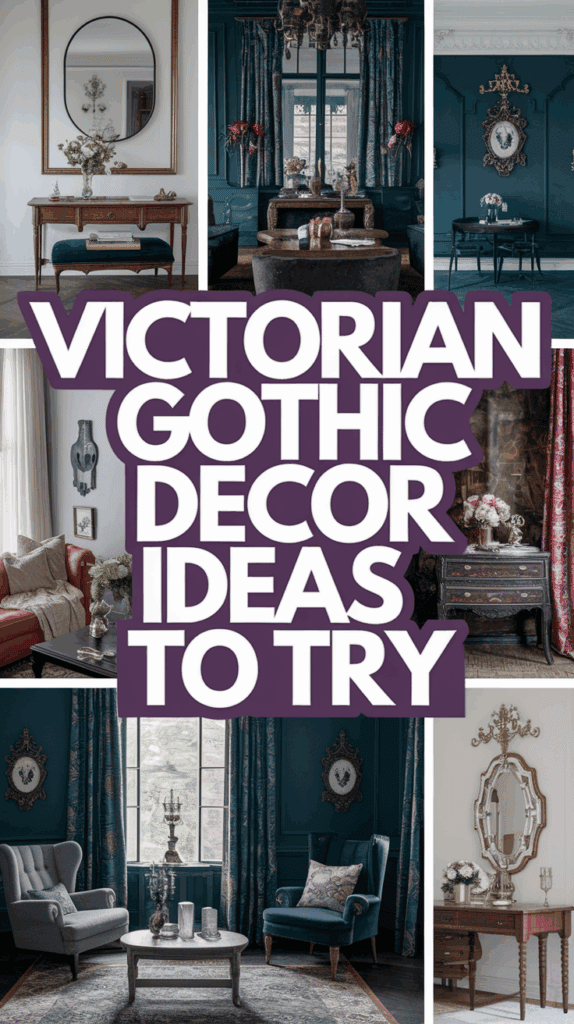 A collage of Victorian Gothic interior decor, featuring ornate furniture, rich fabrics, and dark, elegant colors, with the text 'Victorian Gothic Decor Ideas to Try' overlaid in bold letters.