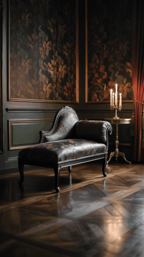 An ornate chaise longue with dark, floral upholstery is placed against a wall with intricate wallpaper and gold trim, next to a candle-lit candelabra in an elegant, vintage-style room.