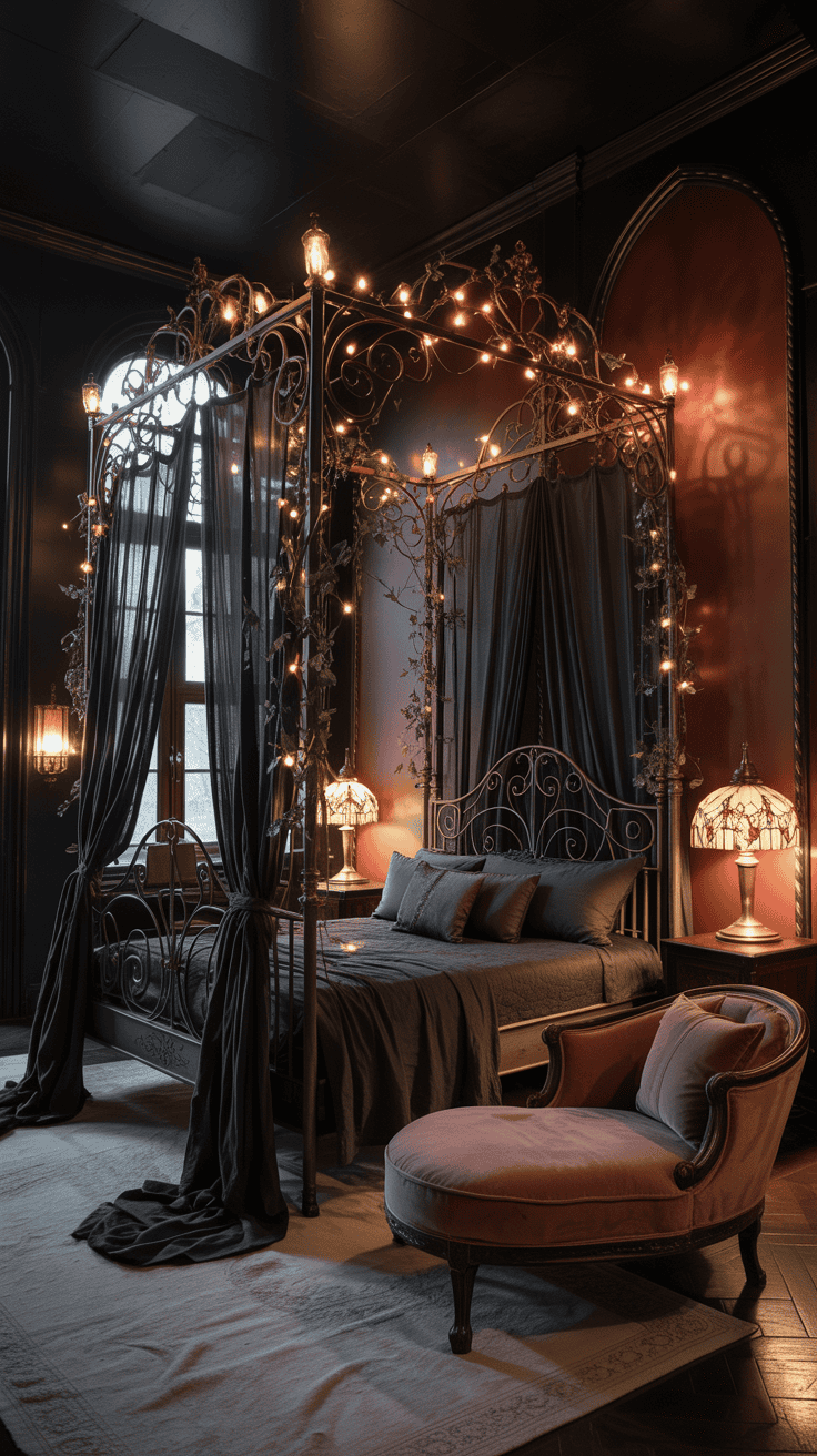 A luxurious gothic bedroom featuring a black iron canopy bed adorned with string lights and draped in dark curtains. The room has rich red walls and is illuminated by ornate lamps on either side of the bed. A plush pink chaise lounge is placed near the bed, set against an elegant herringbone-patterned wooden floor and a large window.