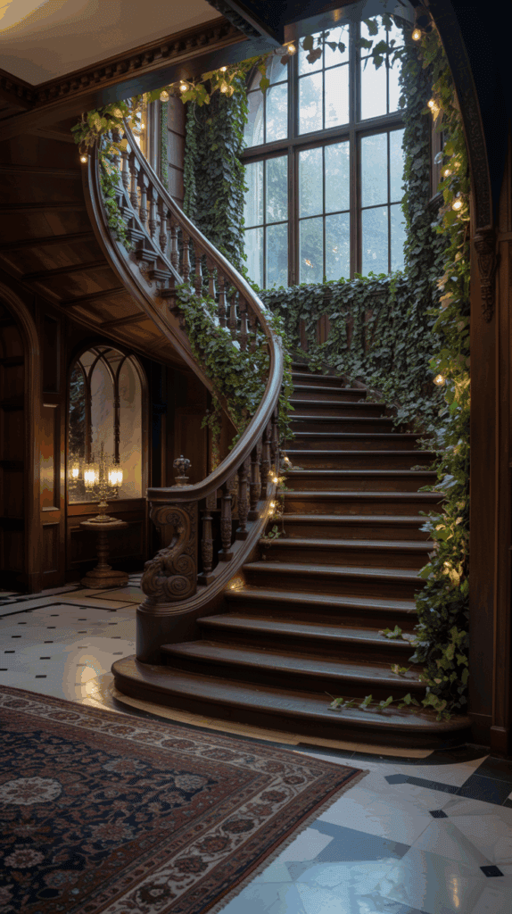 A grand wooden spiral staircase adorned with lush greenery, including ivy climbing the walls and balustrades, next to a large window with soft natural light filtering through, creating a serene atmosphere. A vintage rug covers the tiled floor at the base of the staircase.