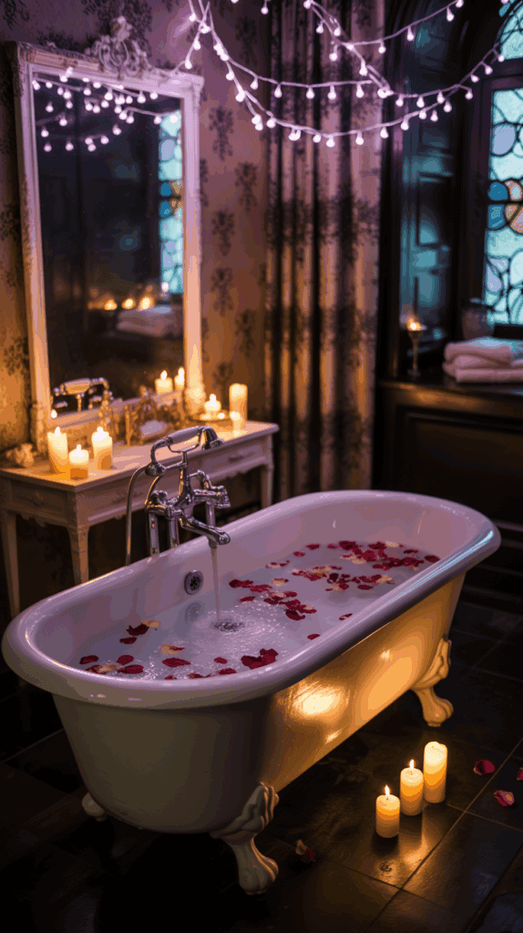 A luxurious bathroom setting with a clawfoot bathtub filled with water and rose petals, surrounded by lit candles and decorative string lights, creating a relaxing and romantic atmosphere.