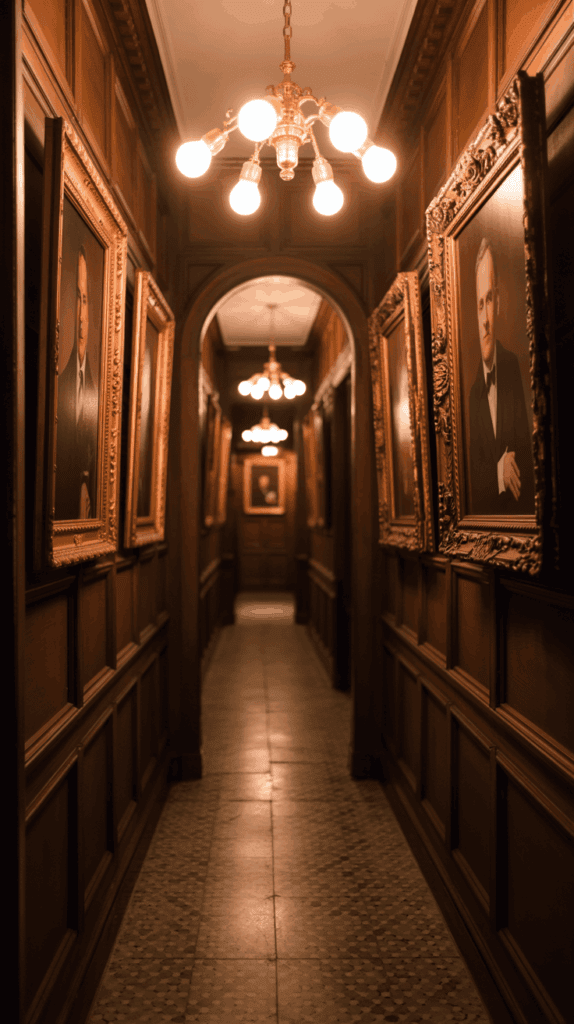 A dimly lit narrow hallway lined with ornate framed portraits, featuring elegant wooden paneling and illuminated by multiple brass chandeliers.