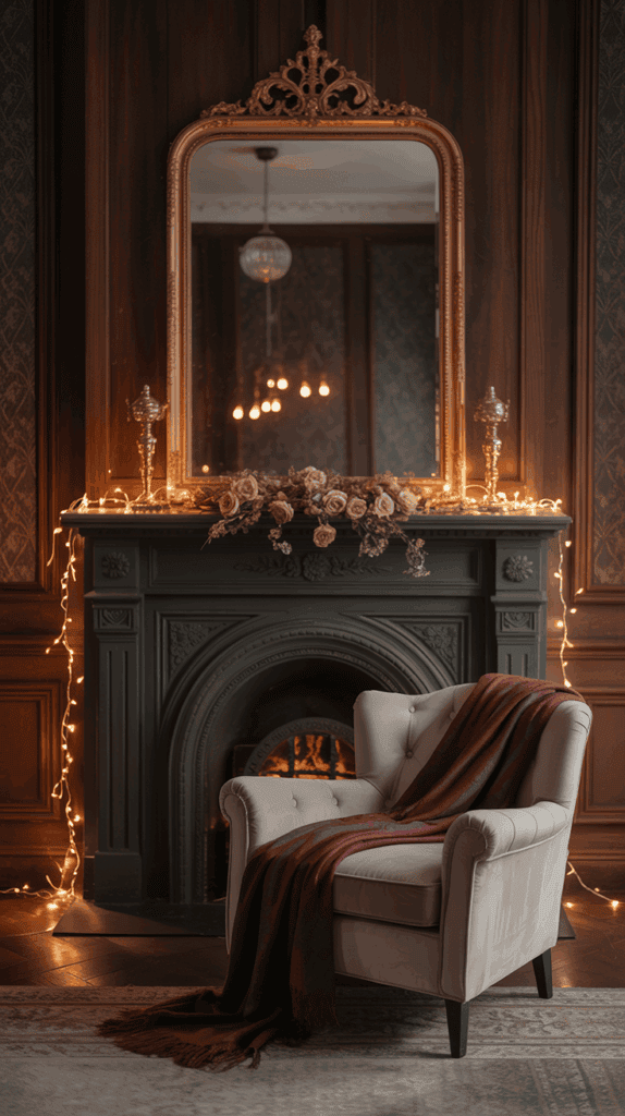 A cozy living room with a vintage-style fireplace, draped with a garland of roses and adorned with fairy lights, while a large decorative mirror hangs above. A plush armchair with a red blanket is positioned in front on a patterned rug.