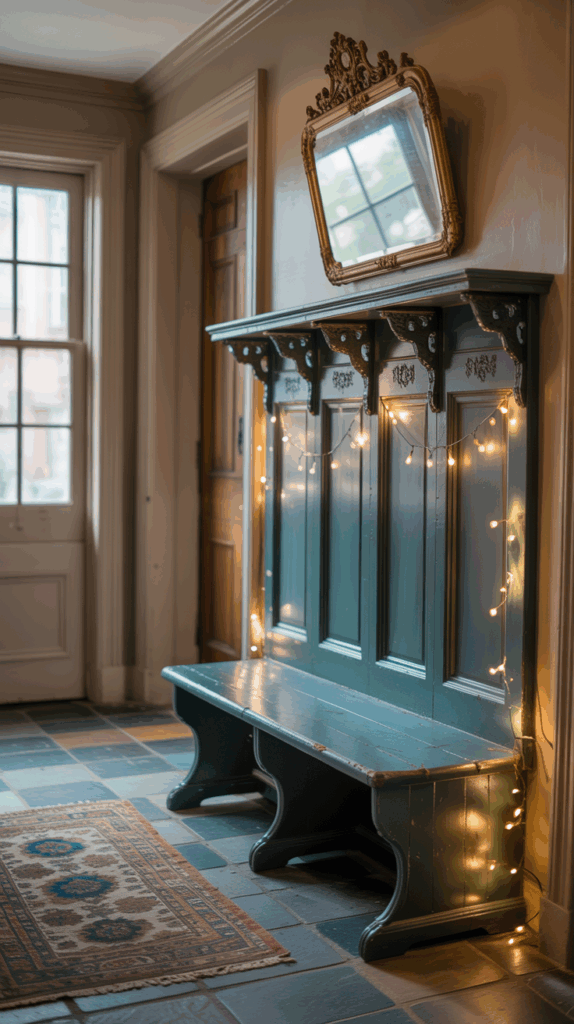 An antique wooden bench and coat rack with fairy lights, topped by an ornate mirror, set in a hallway with tiled flooring and a patterned rug.