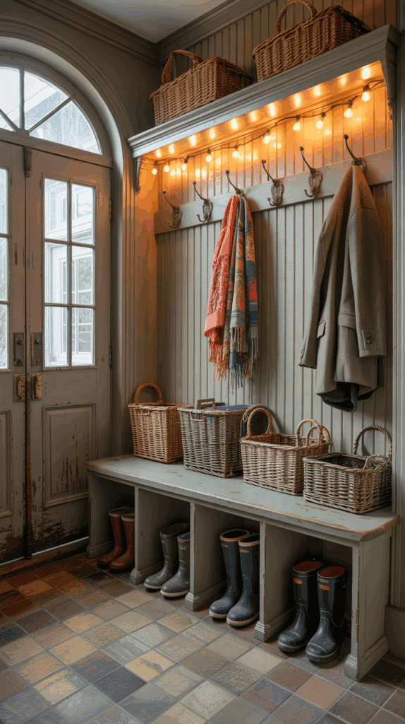 A cozy mudroom with a bench and cubbies for storing boots, wicker baskets for storage, and a row of hooks with coats and a scarf. Festive string lights add warmth, and a glass-paneled door provides natural light.
