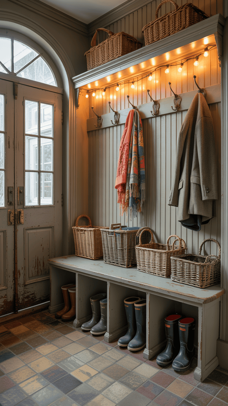 A cozy mudroom with a bench and cubbies for storing boots, wicker baskets for storage, and a row of hooks with coats and a scarf. Festive string lights add warmth, and a glass-paneled door provides natural light.