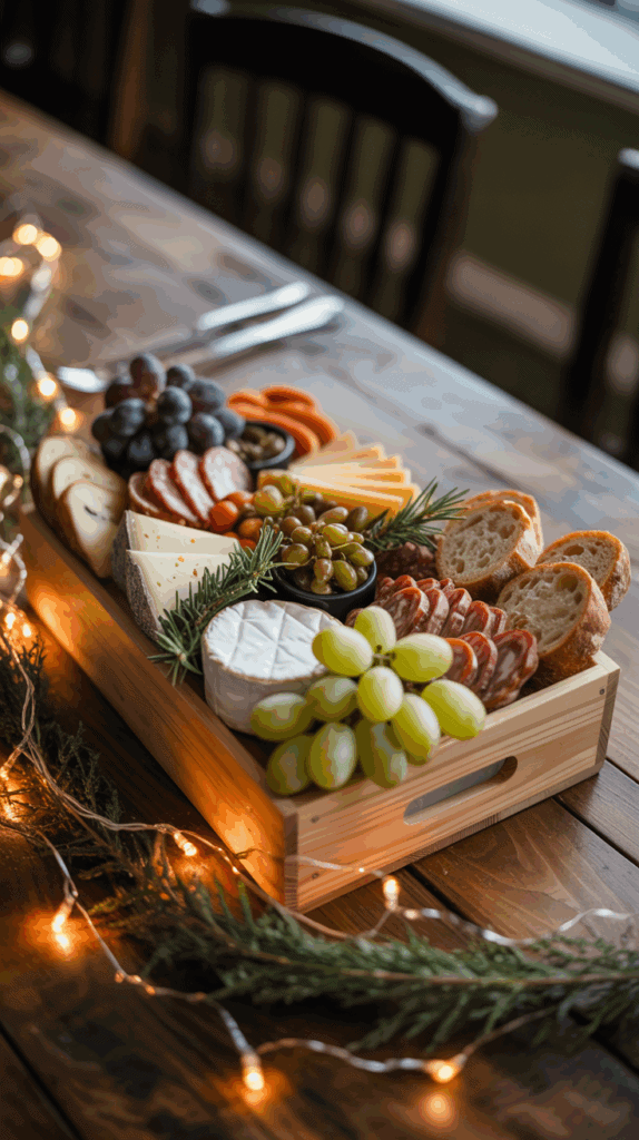 A rustic wooden tray filled with a charcuterie assortment featuring grapes, different cheeses, cured meats, olives, and sliced bread, decorated with rosemary sprigs and placed on a wooden table with festive string lights.
