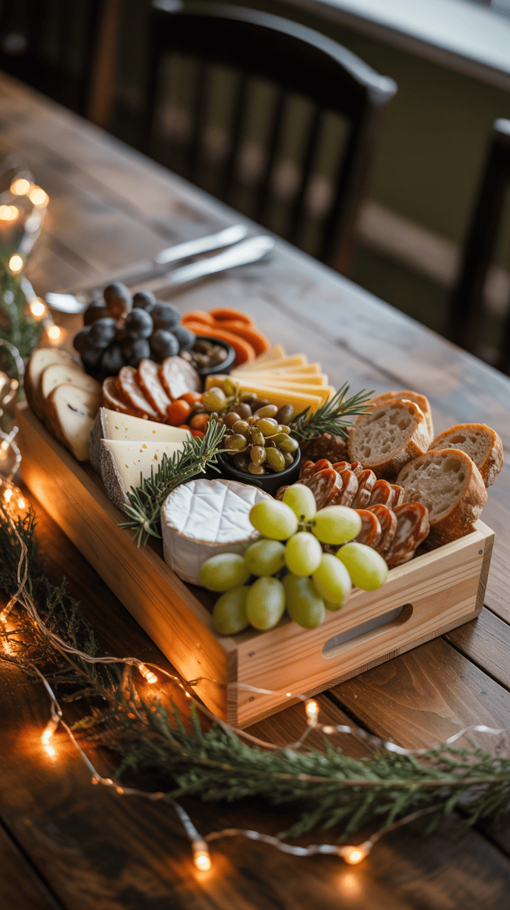 A rustic wooden tray filled with a charcuterie assortment featuring grapes, different cheeses, cured meats, olives, and sliced bread, decorated with rosemary sprigs and placed on a wooden table with festive string lights.