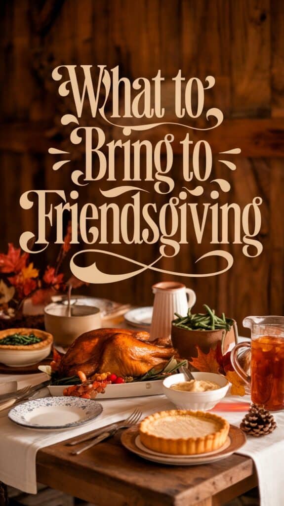 A festive dining table set with a roasted turkey, green beans, a small pie, drinks, and fall decor, with the text "What to Bring to Friendsgiving" above.