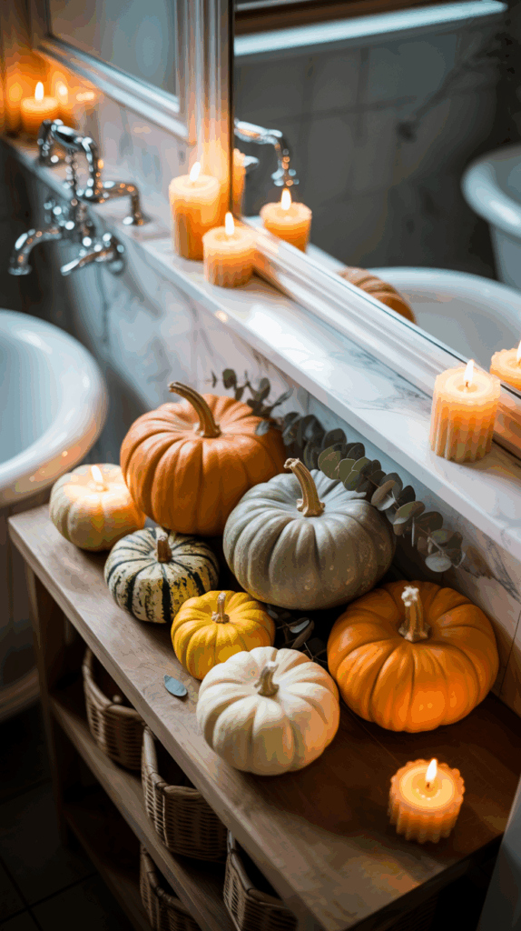 A decorative arrangement of various pumpkins and candles on a wooden shelf in a bathroom, with a mirror reflecting the candlelight and faucet fixtures visible in the background.