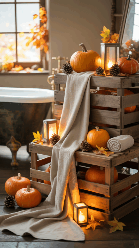 A cozy autumn-themed display with wooden crates holding pumpkins, pine cones, and a beige cloth draped over them, complemented by lit lanterns and scattered autumn leaves. A clawfoot bathtub and a window with autumn leaves outside are in the background, creating a warm seasonal atmosphere.