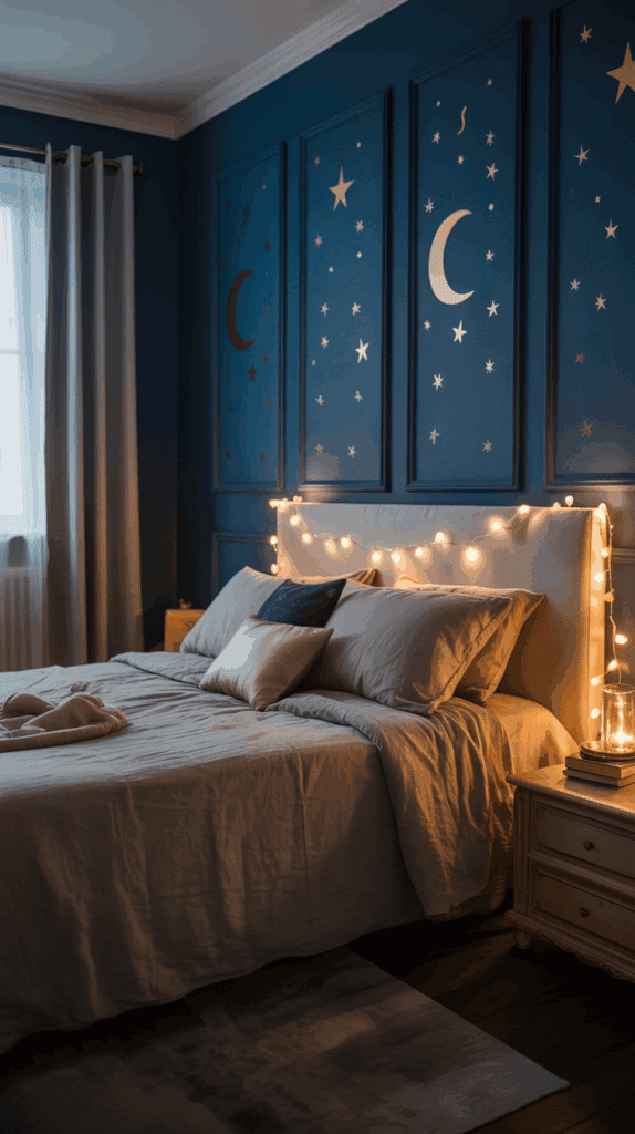A cozy bedroom with dark blue walls decorated with gold crescent moons and stars. The bed is softly lit with string lights draped over its headboard, and a bedside table holds books and a glowing lamp. A window with sheer curtains allows a gentle light into the room.