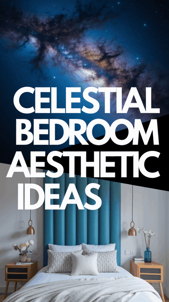 A celestial-themed bedroom with a blue padded headboard, beige pillows, and gold hanging lamps, overlaid with the words 'Celestial Bedroom Aesthetic Ideas' and a starry night sky at the top.