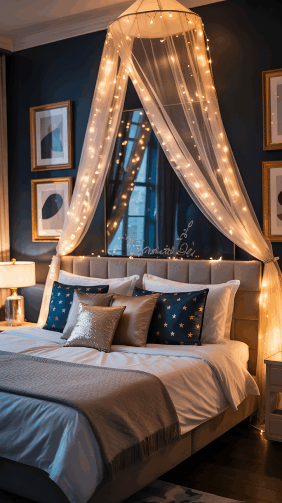 A cozy bedroom with dark blue walls, featuring a bed adorned with star-themed pillows and a canopy draped with string lights, creating a warm and inviting atmosphere.