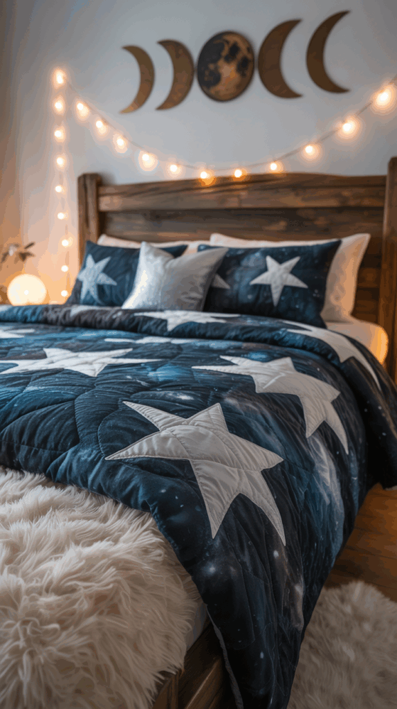 Bedroom with a cozy bed featuring a star-patterned quilt, surrounded by a string of warm white fairy lights and moon phase wall decor above the headboard.