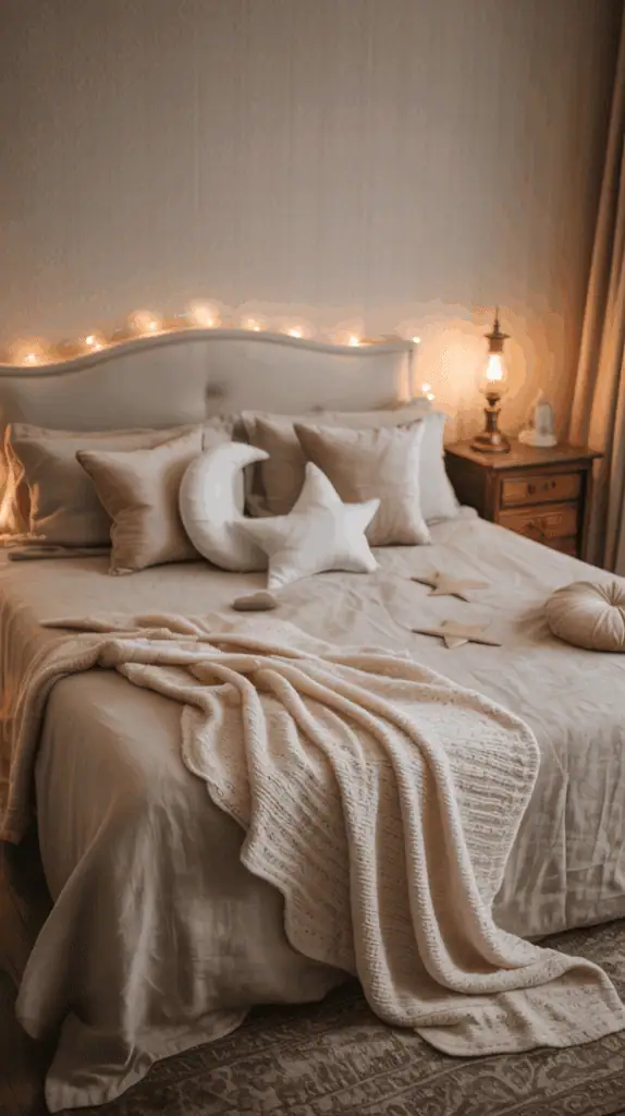 A cozy bedroom with a neatly made bed featuring beige bedding, adorned with pillows shaped like a moon and star. A soft knitted blanket is draped over the edge. Warm fairy lights are strung along the headboard, and a vintage lampshade sits on a bedside table, casting a gentle glow.