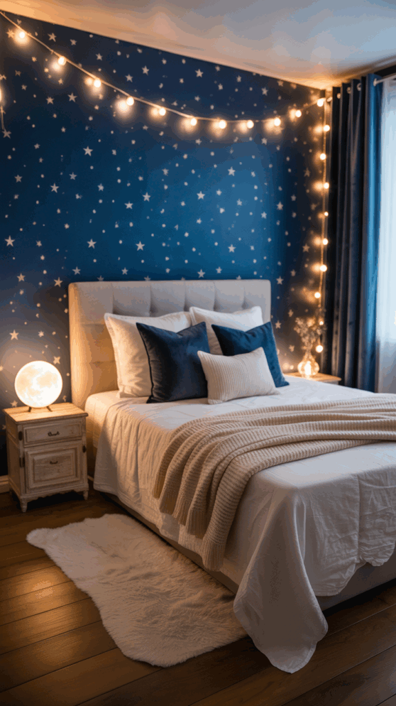 Cozy bedroom with a starry night theme, featuring a bed adorned with navy blue and white pillows, beige knitted throws, and a fluffy white rug. The walls are dark blue with white stars, illuminated by string lights, and a glowing moon lamp on a bedside table.