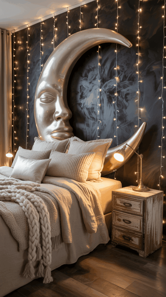 Cozy bedroom with a large, decorative crescent moon sculpture featuring a face on the wall above a bed, decorated with neutral-colored pillows and a thick knit blanket. Soft string lights hang from the wall, casting a warm glow, while a rustic bedside table holds a vintage-style lamp.
