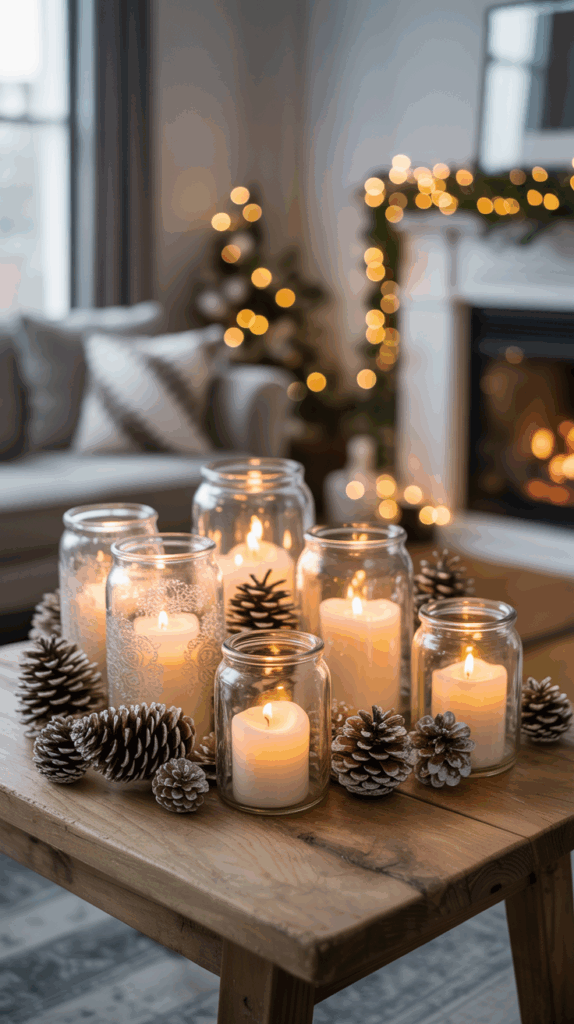 A cozy living room decorated for the holidays, featuring a wooden table with lit candles inside glass jars surrounded by frosted pinecones. In the background, a fireplace is adorned with garlands and string lights, and a plush sofa with patterned pillows adds to the festive ambiance.
