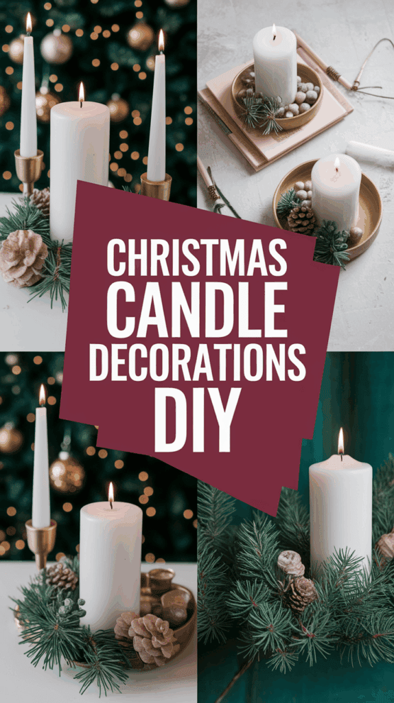 Collage of Christmas candle decorations featuring white candles with greenery, pinecones, and festive ornaments, accompanied by text reading 'Christmas Candle Decorations DIY.'