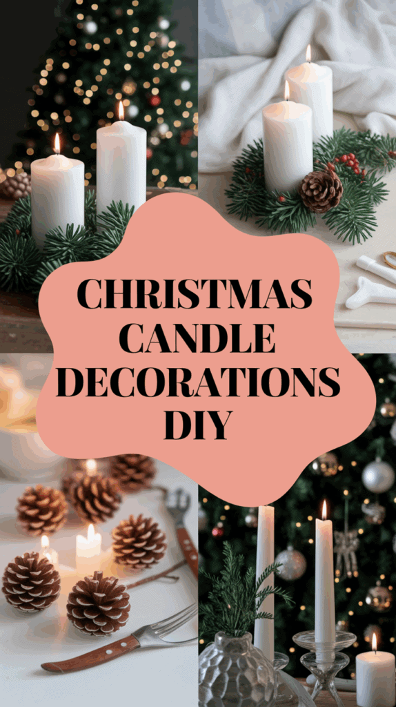 Collage of Christmas candle decoration ideas, featuring white candles surrounded by pine branches and pinecones, set against festive backgrounds including a Christmas tree and twinkling lights, with the text 'Christmas Candle Decorations DIY' in the center.
