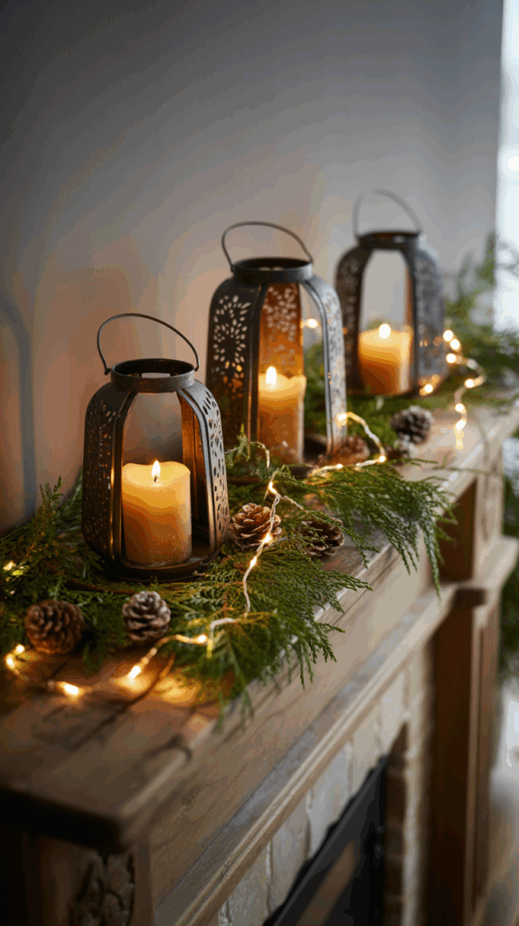 A festive mantel decorated with three lit lanterns containing pillar candles, surrounded by greenery, pine cones, and string lights.