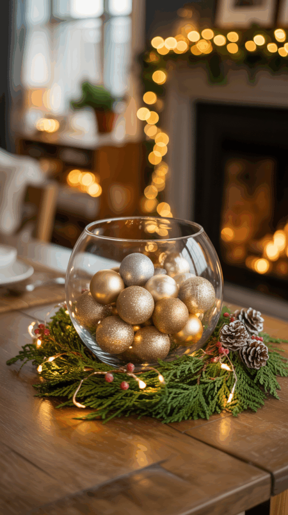 A festive holiday table centerpiece featuring a glass bowl filled with shiny gold and silver ornaments, surrounded by a ring of greenery with red berries and small pine cones, illuminated by warm white fairy lights, with a cozy fireplace in the background.