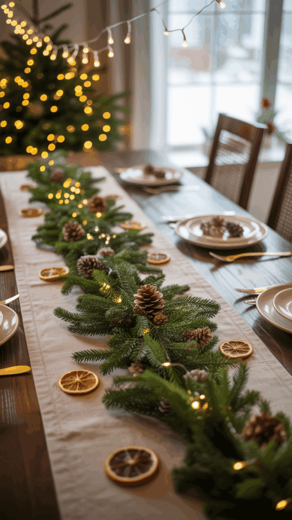 A holiday-themed table setting features a centerpiece of pine branches adorned with pine cones, dried orange slices, and small string lights, with plates and cutlery arranged neatly on a wooden table.